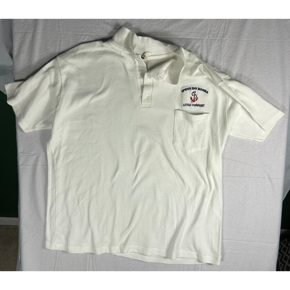Vintage 90s Spider Bay Marina Little Current Polo Shirt, White Single Stitch, XL - Picture 2 of 13